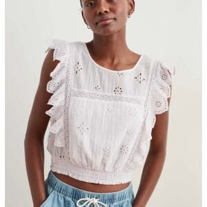 Aerie Eyelet Ruffle Top‎ Smocked Waist Tie Back Sleeveless Blouse M